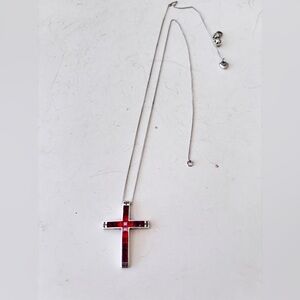 Brighton Silver-Tone Necklace with Red Inlay Cross Pendant Halo Collection